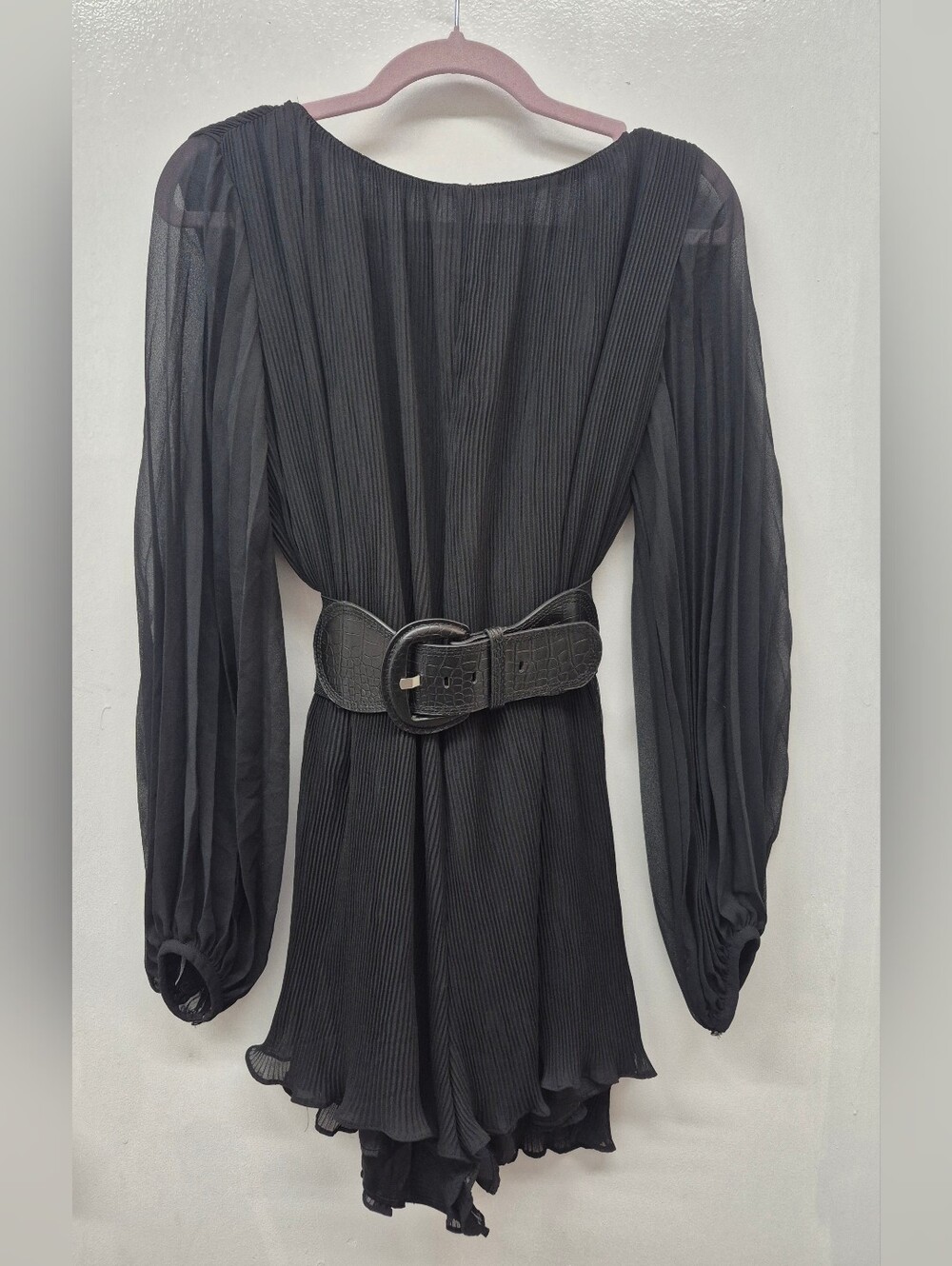 Zara Black Long Sleeve Pleated Romper Dress Small - Belt (Added)